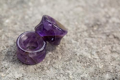 Pierced Owl - Natural Amethyst Stone Double Flared Saddle Tunnels, Sold as a Pair - style: 20mm (13/16")