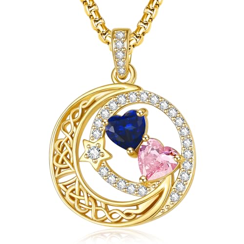14K Gold Moon and Star Double Birthstone Necklace Gifts for Women | 2 Heart Birthstone Necklace,Mothers Day Wedding Anniversary Birthday Gifts for Wife Mom Daughter Grandma Sister - color: 09-10-Sept-Oct Birthstone