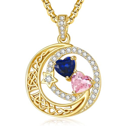 14K Gold Moon and Star Double Birthstone Necklace Gifts for Women | 2 Heart Birthstone Necklace,Mothers Day Wedding Anniversary Birthday Gifts for Wife Mom Daughter Grandma Sister - color: 09-10-Sept-Oct Birthstone