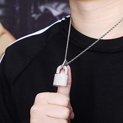 TOPGRILLZ 14K Gold Plated Iced out Lock Pendant Necklace for Women and Men Punk Rock Aesthetic Chains Padlock Necklace - color: White Gold