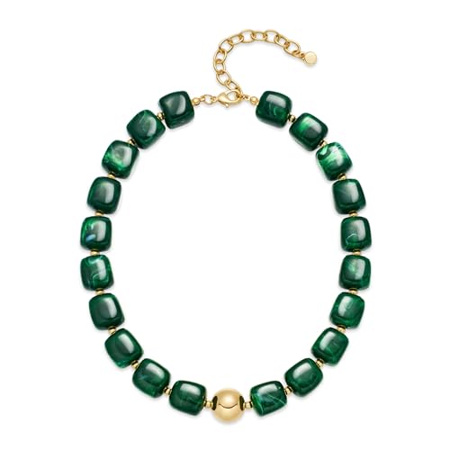 Chunky Colorful Beaded Choker Necklace for Women, Summer Beach Statement Resin Beads Necklace, Trendy Womens Summer Beach Jewelry Birthday Gifts for Vacation Holiday - color: Square Dark Green Bead