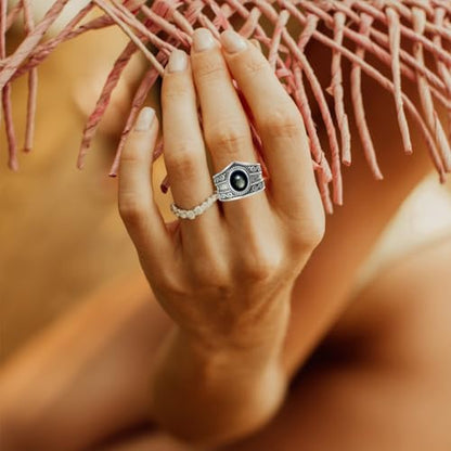 HAIXIAN Natural Black Obsidian Wide Band Ring,Retro S925 Sterling Silver Statement Thumb Index Chunky Band Ring,Cocktail Party Bohemian Ring Jewelry for Women