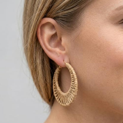 Handmade Rattan Teardrop Dangle Earrings for Women, Lightweight Boho Woven Statement Earrings with Gold Fish Hook, Natural Straw Weave Vacation Jewelry for Summer Beach - style: Open Circle Hoop