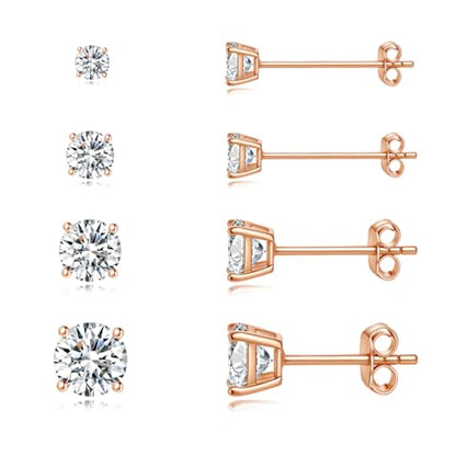 Gold Stud Earring Set for Women Men, Round CZ Earrings Hypoallergenic | 925 Silver Post , 4 Holes Small Studs Earrings Multiple Piercing Cartilage Tragus Trendy Post Cute Earrings Stacks Jewelry - color: Rose gold