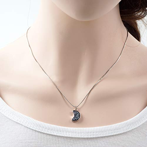 Adabele Natural Druzy Necklace Small Tiny Moon Gemstone Pendant 18 inch Sparkly Agate Stone Crystal Women Jewelry Tarnish Resistant Stainless Steel/Gold Plated Chain - color: Hematite black druzy - stainless steel