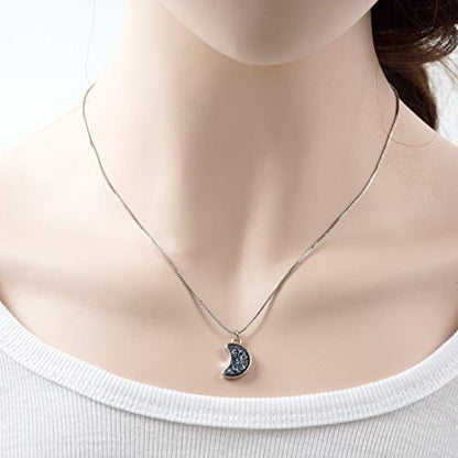 Adabele Natural Druzy Necklace Small Tiny Moon Gemstone Pendant 18 inch Sparkly Agate Stone Crystal Women Jewelry Tarnish Resistant Stainless Steel/Gold Plated Chain - color: Hematite black druzy - stainless steel