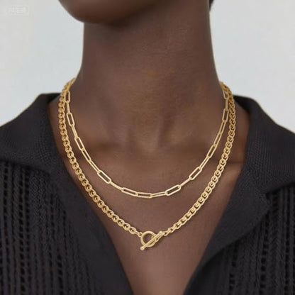 Layered Necklaces for Women 14k Gold Plated Chain Necklace Trendy Dainty Toggle Clasp Chunky Cuban Link Paperclip Chain Jewelry Gift - style: Style 4：Paperclip+Toggle