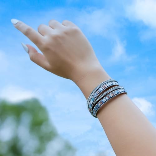Boho Double Wrap Leather Bracelets Stackable Layered Western Hippie Jewelry | Colorful Stacked Bohemian Statement Chunky Magnetic Clasp Cuff Bangles Cowgirl Country Summer Beach Outfits for Women Trendy - color: Blue