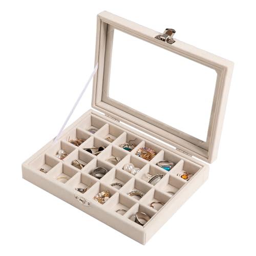 Frebeauty 24 Grid Earring Organizer,Small Velvet Jewelry Tray with Lid | Portable Jewelry Box for Rings Stud,Velvet Lining for Protecting Jewelry,Adjustable Dividers,Glass Lid for Clear Review - color: Beige