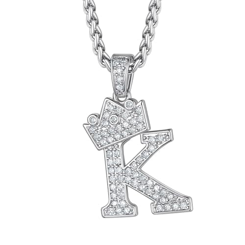 Richsteel Silver Crown Initial A-Z Letter Pendant Necklace for Men Women | Cubic Zirconia Monogram, 316L Steel Chain, 22" + 2" Extender,Hypoallergenic,Gift Box, Hip Hop Jewelry - style: K