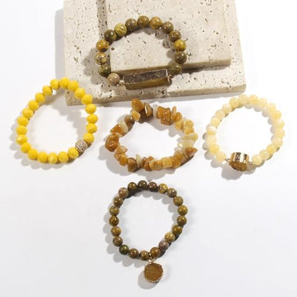 Yomisa 5PCS 6PCS Natural Boho Beaded Bracelets/Bangle for Women Men,Healing Turquoise Jasper Agate Crystal Gemstone Stone Chakra Multilayer Wrap Bohemian Handmade Jewelry Beads Stretch Bracelet Set - color: 5PCS-Yellow