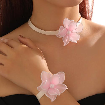 Nojess Black Bow Earrings Necklace Set Fabric Rose Flower Choker Necklace Bracelet Set for Party Bride Wedding Prom Jewelry - color: Pink Flower Necklace Bracelet Set