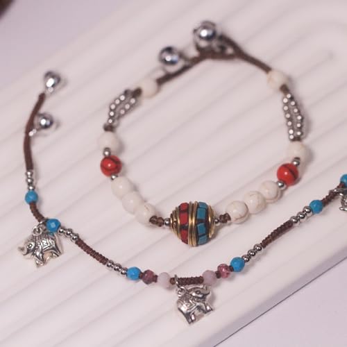 Petite Adjustable Boho Bracelet for Small Wrists 6-7.5 Inch - Handmade Nepalese Buddhist Prayer Bracelet with Elephant Charm, Brass Bell, Turquoise Stone & Tibetan Mantra Beads, Spiritual Lucky Gift - color: Silver-2Pcs