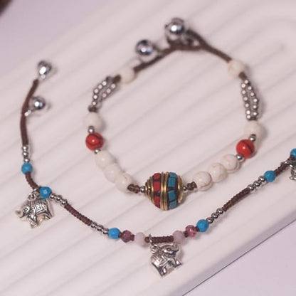Petite Adjustable Boho Bracelet for Small Wrists 6-7.5 Inch - Handmade Nepalese Buddhist Prayer Bracelet with Elephant Charm, Brass Bell, Turquoise Stone & Tibetan Mantra Beads, Spiritual Lucky Gift - color: Silver-2Pcs