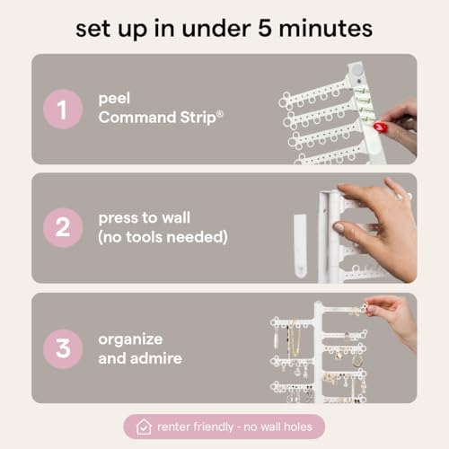 12-Tier Hanging Wall Jewelry Organizer, Earring,Necklace,Ring Holder-White | Large Capacity with 120 Earring Holes, Rotating Branches, genuine 3M Command Strips, Bracelet, Ring & Necklace Storage - color: White 12-Tier