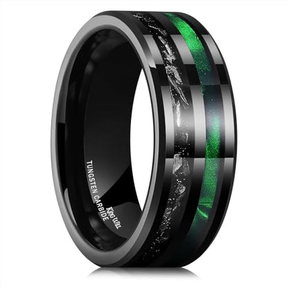 King Will Tungsten Rings for Men with Galaxy Shell Sand Meteorite Inlay | Black, 8mm, Brushed, Pipe Cut, Shell inlay, Everyday Wear - color: Black Green