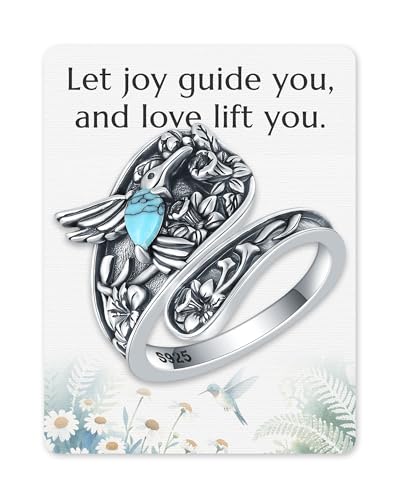 S925-Sterling-Silver Abalone Dragonfly-Turquoise Spoon Ring - Vintage Boho Sunflower Thumb Oxidized Wrap Rings Victorian Style Antique Floral Jewelry Gifts for Women - color: hummingbird turquoise ring