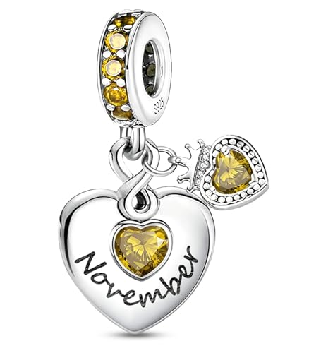 BLUELUNE Birthstone Charms, 925 Sterling Silver Dangle Charm with 5A Cubic Zirconia for Bracelets or Necklaces, Birthday, Mother's Day Present for Women - color: November