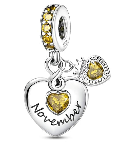 BLUELUNE Birthstone Charms, 925 Sterling Silver Dangle Charm with 5A Cubic Zirconia for Bracelets or Necklaces, Birthday, Mother's Day Present for Women - color: November