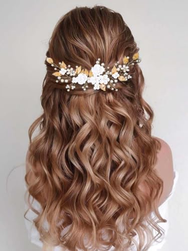 CASDRE Flower Bride Wedding Hair Vine Pearl Bridal Headpiece Leaf Hair Accessories Hair Piece for Women and Girls (B Gold) - color: B Gold