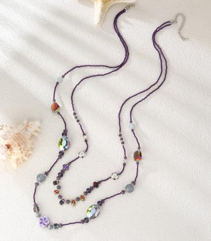 FULU AUTUMN Long Layered Beaded Necklaces for Women Statement Double Bead Strand Ceramic Flower Boho Jewelry Gifts for Mom - color: Purple