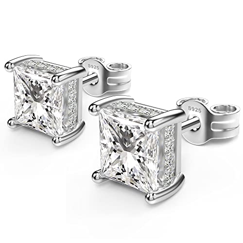 Princess Cut Cubic Zirconia Stud Earrings for Men Women | Square CZ Simulated Diamond Studs, 18K White Gold Plated Sterling Silver, Hypoallergenic - color: White Gold, size: 6MM