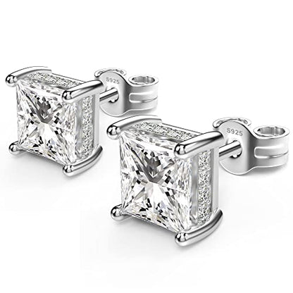 Princess Cut Cubic Zirconia Stud Earrings for Men Women | Square CZ Simulated Diamond Studs, 18K White Gold Plated Sterling Silver, Hypoallergenic - color: White Gold, size: 6MM