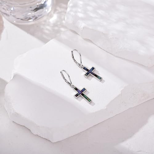 Leverback Earrings Dangle Earrings for Women Dangly Earrings Anniversary Birthday Gifts for Women - style: Cross Earrings with Abalone