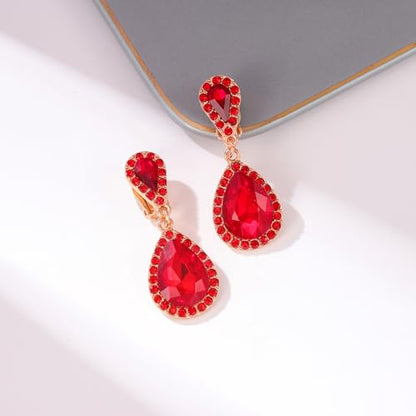 Classic Austrian Crystal Tear Drop Clip on Dangle Earrings for Women - color: Red