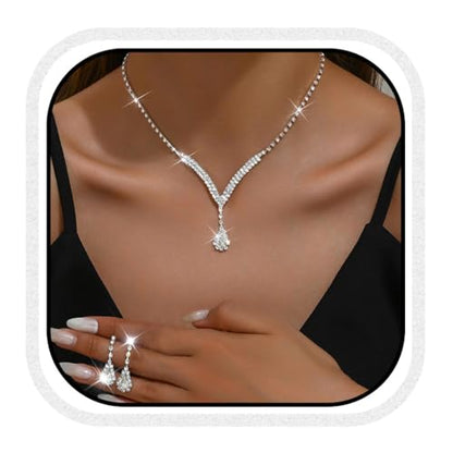Bridal Wedding Jewelry Set Silver Rhinestone Necklace Earrings Sets Formal Costume Jewelry for Women and Brides - color: A-Silver