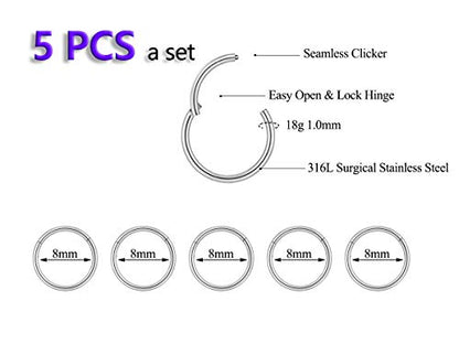 5Pcs 16G 18G Surgical Steel Nose Rings Hoop Tragus Septum Cartilage Hoop Earrings For Women Men Body Piercing Jewelry Kit Bar Length 6mm/8mm/10mm/12mm/14mm - style: 5Pcs -18G - Steel - 8mm