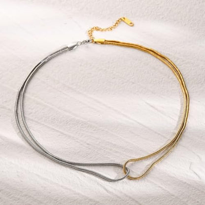 Women Non Tarnish Two Tone Snake Chain Twisted Link Necklace | waterproof stainless steel material,dual color mixed metal necklace,fashion jewelry gifts