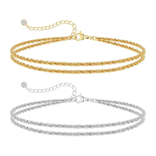 Gold/Silver Ankle Bracelets for Women,14K Gold Anklets for Women Waterproof Sparkly Chain Rhinestone Anklets Set Stackable Layered Anklet Bracelets for Women Beach Gold Jewelry Gift - style: Layered Sparkly GD/SL