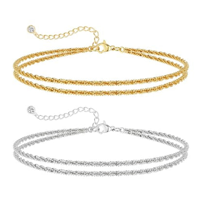 Gold/Silver Ankle Bracelets for Women,14K Gold Anklets for Women Waterproof Sparkly Chain Rhinestone Anklets Set Stackable Layered Anklet Bracelets for Women Beach Gold Jewelry Gift - style: Layered Sparkly GD/SL