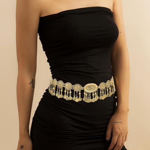 CHIC DIARY Metal Chain Belt for Women Coin Belly Link Tassel Belt for Dress | Boho Style Coin Pendant Tassel Belt Gold/Silver Adjustable Concho Belly Dance Belts for Dresses Skirts Jeans - color: Gold-dance