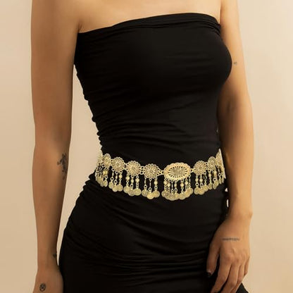 CHIC DIARY Metal Chain Belt for Women Coin Belly Link Tassel Belt for Dress | Boho Style Coin Pendant Tassel Belt Gold/Silver Adjustable Concho Belly Dance Belts for Dresses Skirts Jeans - color: Gold-dance