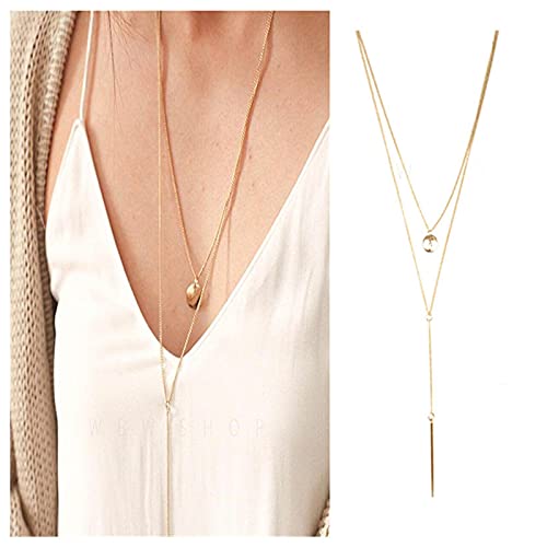 Bohemia Layered Bar Coin Necklace Gold Vertical Bar Y Lariat Necklace Long Disc Pendant Necklace Chain Circle Necklace Jewelry for Women