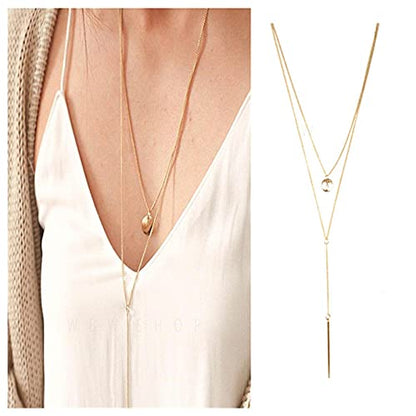 Bohemia Layered Bar Coin Necklace Gold Vertical Bar Y Lariat Necklace Long Disc Pendant Necklace Chain Circle Necklace Jewelry for Women