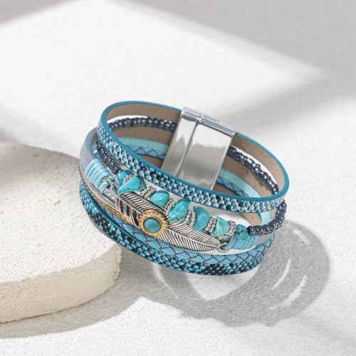 Western Turquoise Leather Cuff Bracelets Boho Feather Cowgirl Jewelry | Stackable Country Hippie Wrap Bangle Set Magnetic Clasp Chunky Beaded Stone Bohemian Statement Outfits for Women Trendy - color: Blue