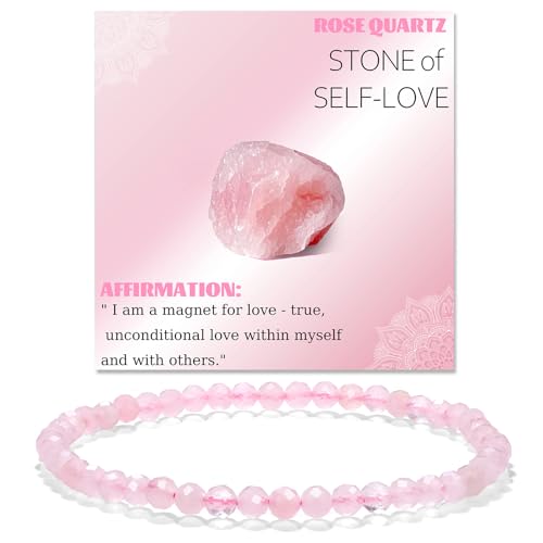 Natural Faceted Crystal Bracelet for Women,4mm Gemstone Round Beads Bracelets Adjustable Stretchy Healing Crystal Beads Bracelets Dainty Jewelry Gift - color: Rose Quartz