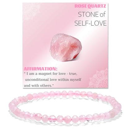 Natural Faceted Crystal Bracelet for Women,4mm Gemstone Round Beads Bracelets Adjustable Stretchy Healing Crystal Beads Bracelets Dainty Jewelry Gift - color: Rose Quartz