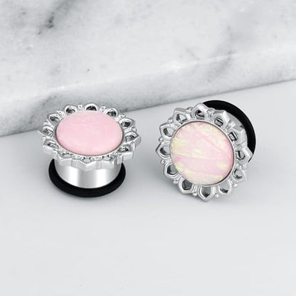 Ear Tunnels Gauges, 2PCS Stainless Steel Tunnel Set Single Flared Pink Solid Opal Flower Ear Gauges 00G Ear Piercing Jewelry - size: 1/2 inch(12mm)