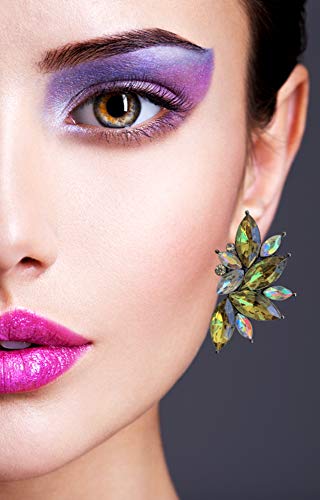 80s Funky Punk Rock Spiky Starburst Angel Wings Oversized Colorful Stones Studded Candy Cluster Women Statement Stud Earrings - color: Olive Green