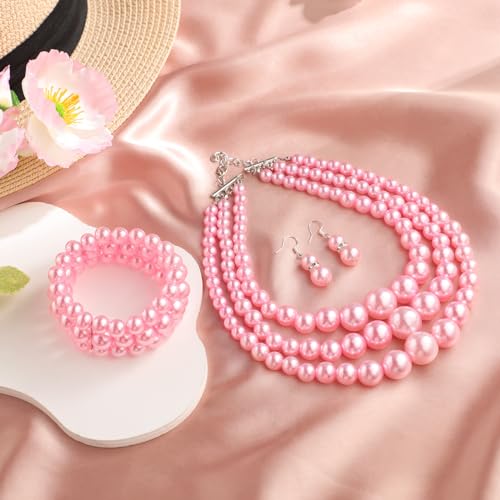 Haysandy Pearl Jewelry Set for Women 20s Jewelry Gift | Retro Layered Necklace Bracelet Earring, Costume Accessories for Derby Wedding Prom Party, Dress Matching Occasions - color: Pink