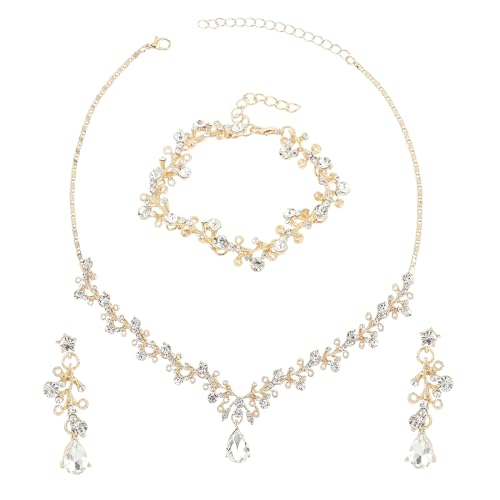 Rhinestone Wedding Jewelry Sets for Bridal Women Crystal Necklace Bracelet Earrings Set Prom Jewelry Set for Brides - color: Gold