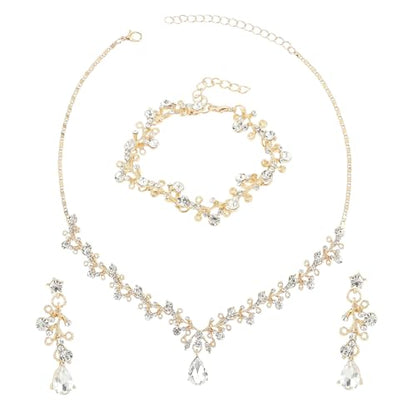 Rhinestone Wedding Jewelry Sets for Bridal Women Crystal Necklace Bracelet Earrings Set Prom Jewelry Set for Brides - color: Gold