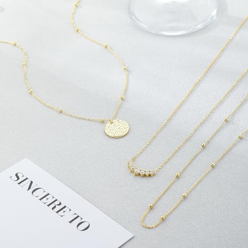 Layered Gold Silver Necklaces for Women, Stackable Stack 14K Real Gold Plated Silver Chain Necklace Diamond Circle CZ Layering Pendant Necklaces Trendy Gold Jewelry Set Gifts - color: gold, style: 3PC-CZ