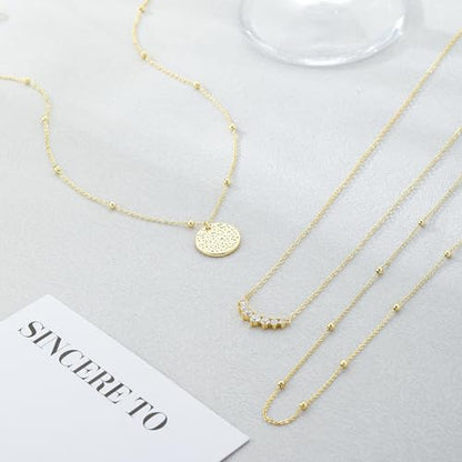 Layered Gold Silver Necklaces for Women, Stackable Stack 14K Real Gold Plated Silver Chain Necklace Diamond Circle CZ Layering Pendant Necklaces Trendy Gold Jewelry Set Gifts - color: gold, style: 3PC-CZ