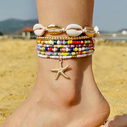 Bohemian Stackable Shell Beaded Ankle Bracelets for Women Colorful Boho Multi-Layer Seashell Gold Starfish Adjustable Handmade Braid Bracelet Summer Beach Holiday Accessories Gifts - color: Multi