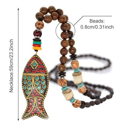 Wood Bead Necklace Africa Wooden Chain Statement Unisex Chunky Necklaces - color: Fish